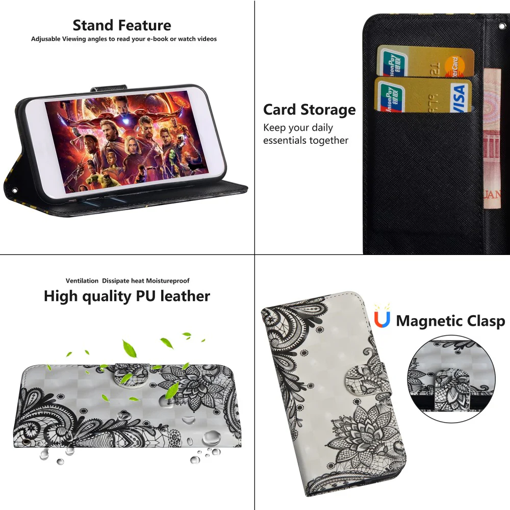 iPhone XR - Etui Ledertasche Blumen Glitzer Effekt Schwarz - Image 3