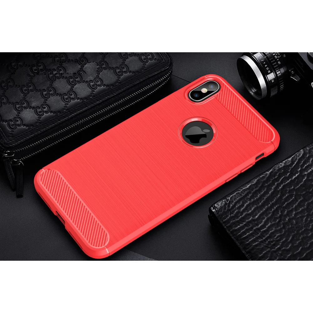 iPhone Xs Max - Silikon Gummi Case Metall Carbon Look Rot - Image 4
